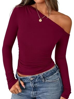 Off-Shoulder Long Sleeve Women's Top in Burgundy